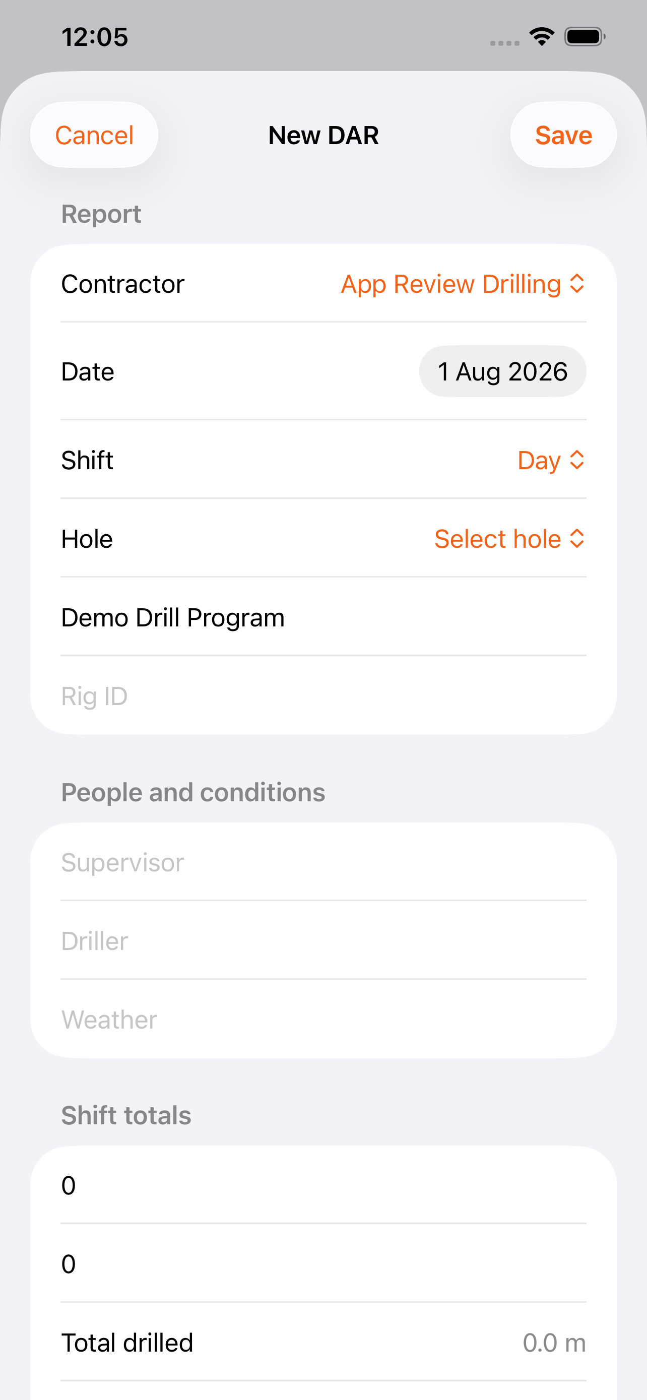 New Daily Activity Report form in the DrillOps iPhone app