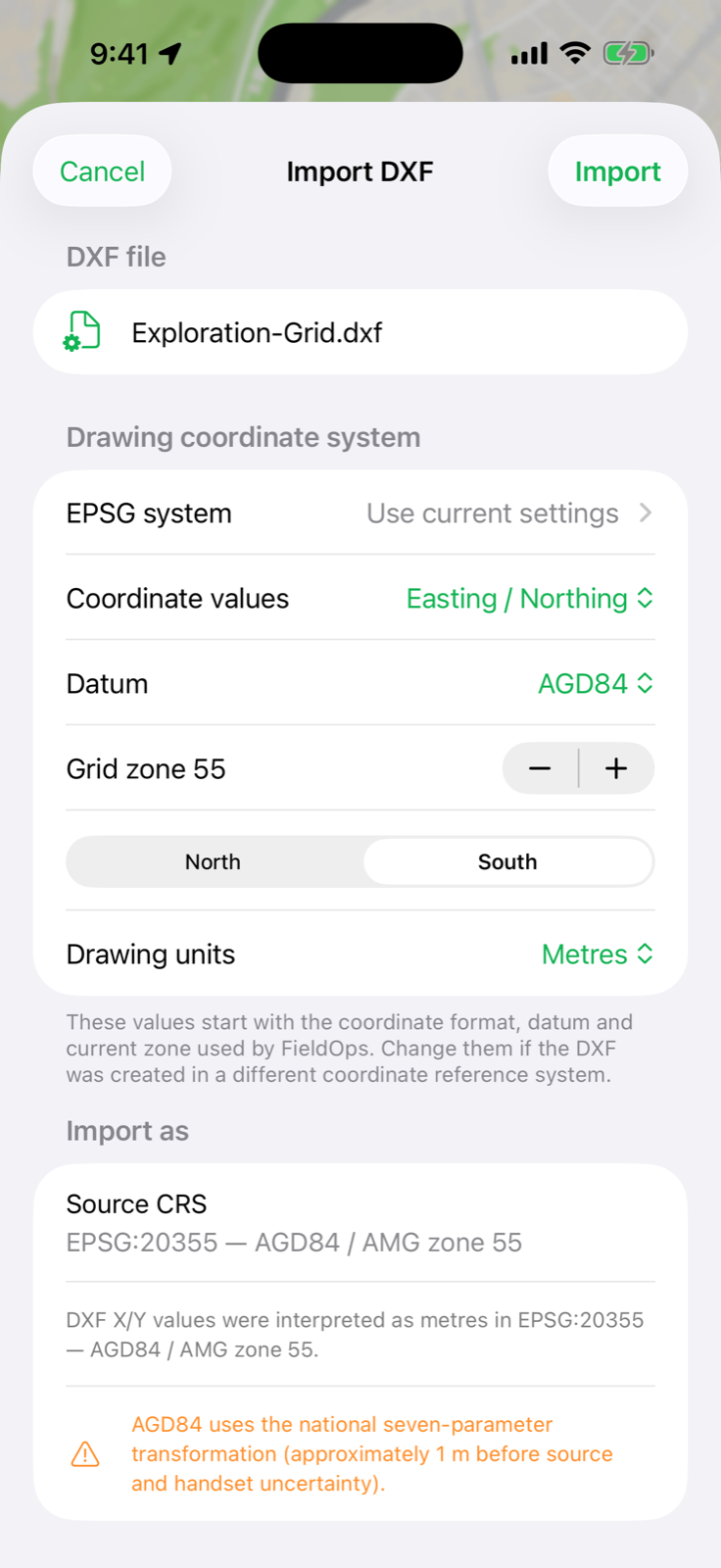 Current FieldOps coordinate-aware DXF import